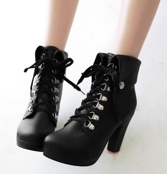 

plus size 33 to 42 43 fashion collars lace up block heel white ankle boots brown black beige