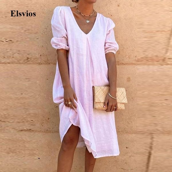

casual dresses 2021 summer solid loose beach fashion elegant puff sleeve ladies party v-neck women long vestidos 3kcv, Black;gray