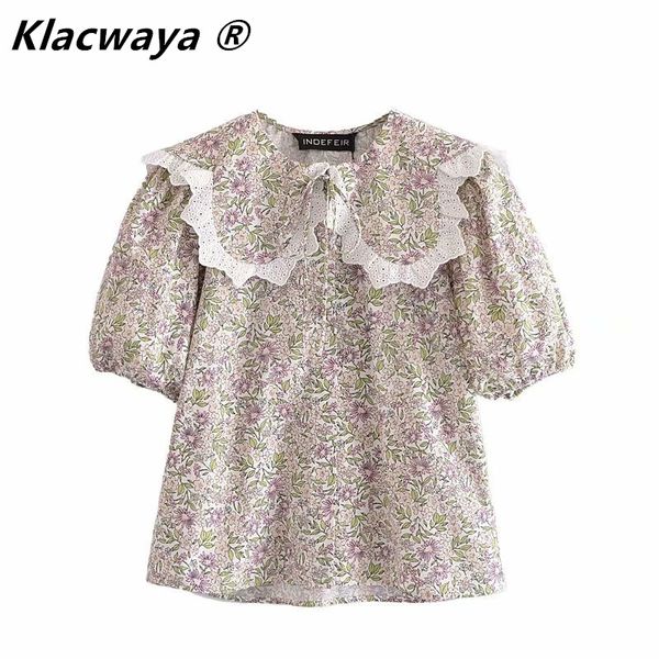 Mulheres elegante Impresso Pequeno Redondo Sof Slow Slow Camisa Doce Floral Lace Trim Retro Blusa 210521