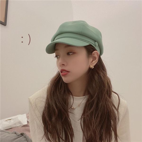 

berets ins autumn winter candy color octagonal cap pu leather beret girl fashion all-match painter hats for women gorras, Blue;gray