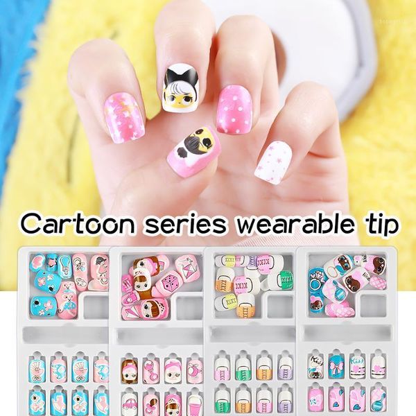 

24pcs press on children candy false nail tips cartoon full cover kid pink fake art for little girls manicure tool1, Red;gold