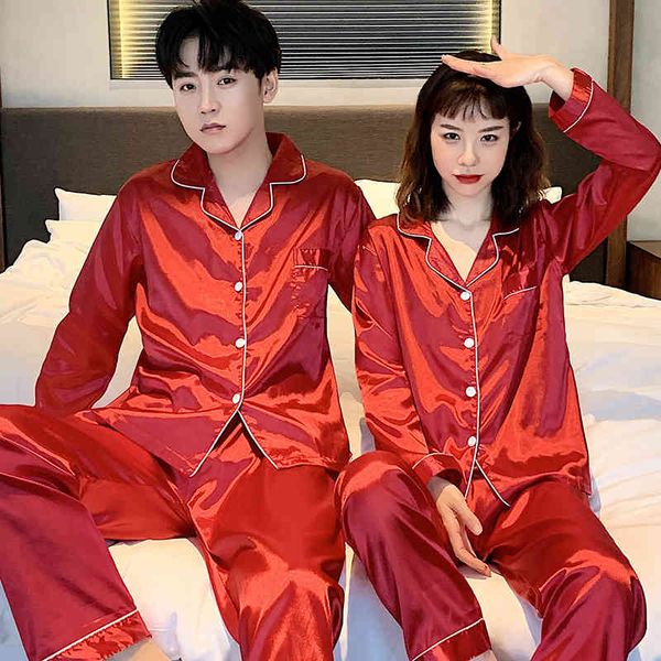 

silk couple's pajamas set long sleeve soft solid shiny pajama women oversized mens sleepwear nightgown spring home clothing 210524, Black;red