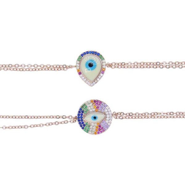 

design trendy water drop round shape bracelet rainbow cz turkish evil eyes double chain bracelets for women jewelry charm, Golden;silver