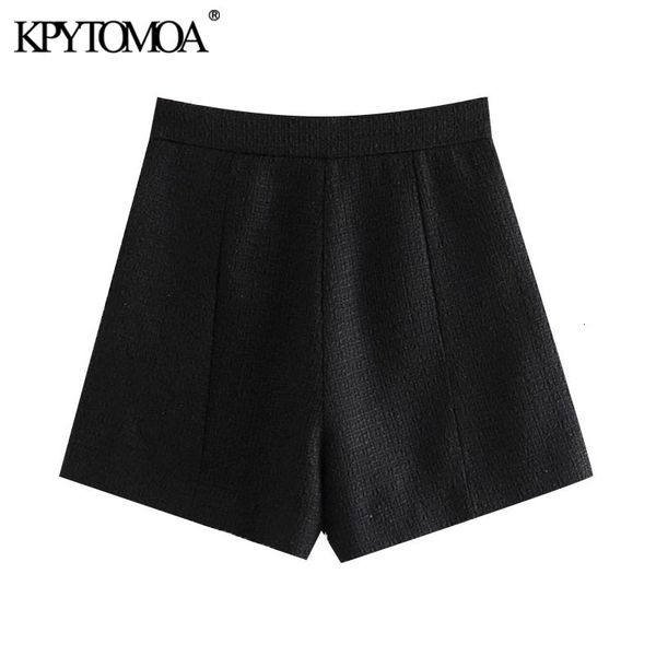 

kpytomoa women chic fashion with metal button tweed bermuda shorts vintage high waist side zipper female short pants mujer 210310, White;black