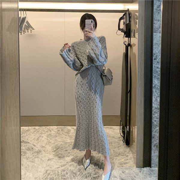 

dresses grey sweet jumpers loose knitted solid sweaters + casual long skirts office lady suit all match two piece sets, Black;gray