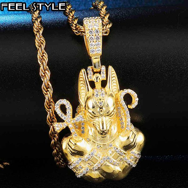 Full AAA Gelado fora Bling Cúbico Zircão Cobre Egito Ankh Cruz Anubis Pingentes Colares Para Homens Hip Hop Jóias Atacado X0509