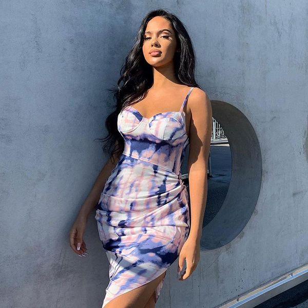 

casual dresses women tie dye split dress slim sling high outfit low chest hip sleeveless js0411, Black;gray