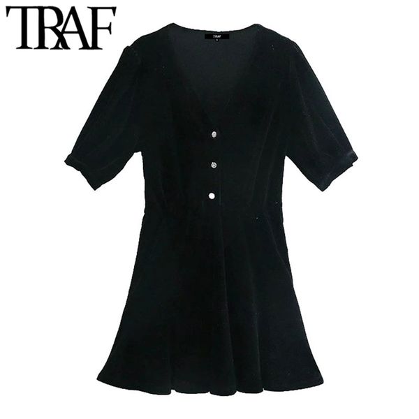 Mulheres chique moda com strass botões de veludo mini vestido vintage v neck manga curta vestidos femininos mujer 210507
