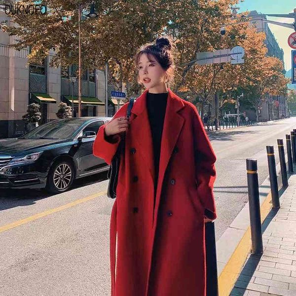 

women's wool & blends woman long coat black red korean retro loose belt en windbreaker oversize fashion autumn women thick 3xl 3ae