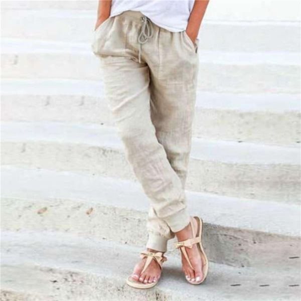

women's pants & capris women cotton linen solid color female trousers casual drawstring tie comfortable lady, Black;white