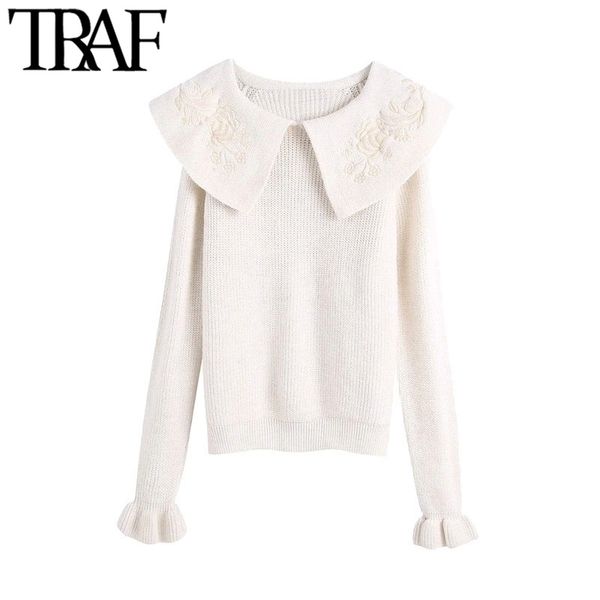 

traf women sweet fashion with embroidered collar knitted sweater vintage long sleeve ruffled female pullovers chic 210415, White;black