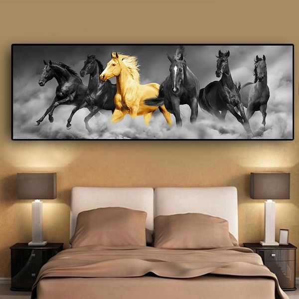 Altro Decorazioni per la casa Sei cavalli che corrono in nero e oro Animali Pittura su tela Poster artistici Stampe Cuadros Immagine da parete per soggiorno