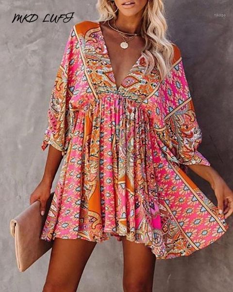 

casual dresses women v-neck ethnic print ruched dress1, Black;gray