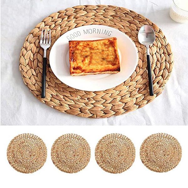 

mats & pads round table placemat woven wicker nordic style non-slip heat insulation cup decoration coasters handmade