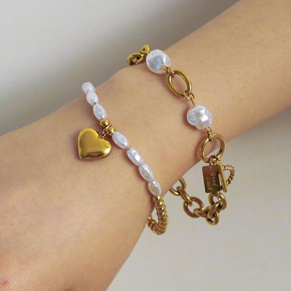 

fashion imitation pearl stainless steel pendant thick chain bracelet for women charm heart bangle party jewelry link,, Black