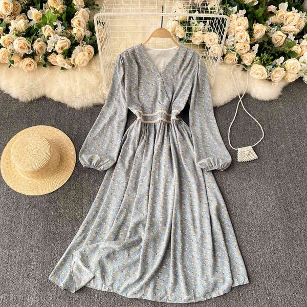 

singreiny vintage spring puff sleeve dress women v neck a line dress french casual vacation floral print dress 210419, Black;gray