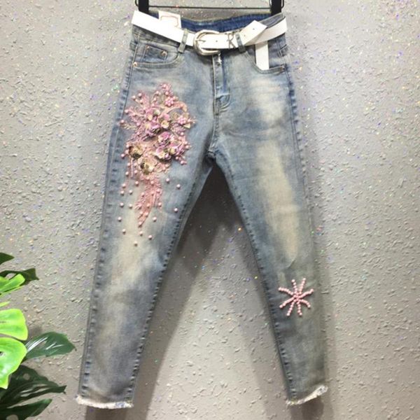 

women pencil jeans spring slim elastic stretch ladies fashion casual embroidered ankle length women's, Blue