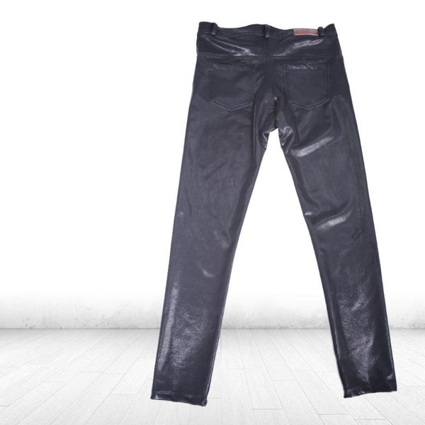 

men's pants men slim faux leather trousers mid waist casual stylish, Black