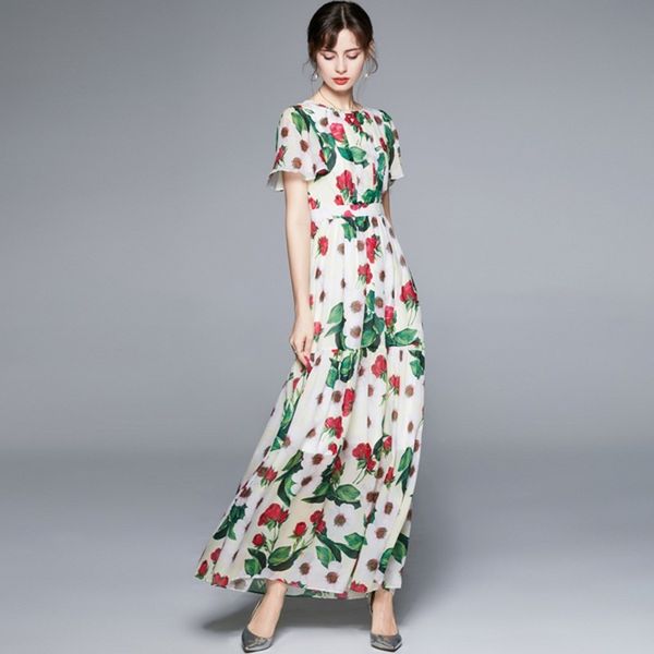 

woman chiffon long dress rose floral overlay print female summer vintage flare sleeve slim pleated floor-length dresses 210514, Black;gray