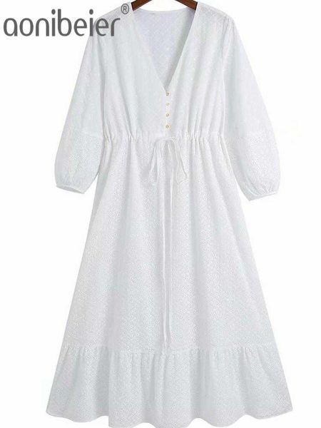 

embroidery hollow out summer 3/4 sleeve v neck women casual midi dress drawstring high waist female ruffles 210604, Black;gray