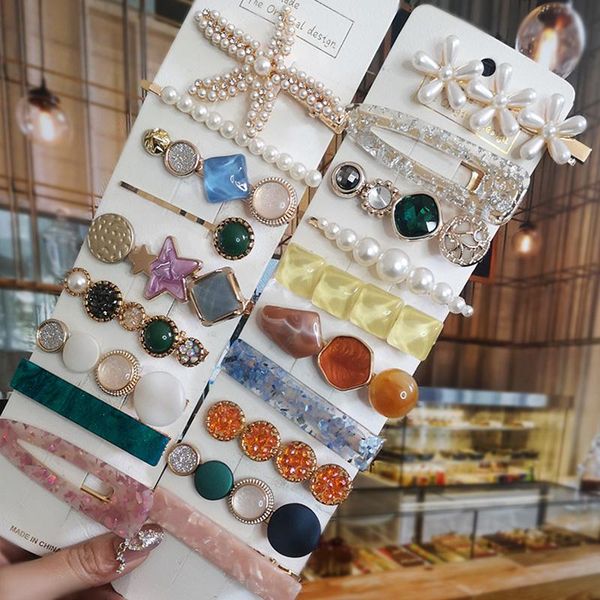 

set fashion acrylic crystal hair clips for women korea elegant vintage pearl geometric hairpin girl sweet accessories