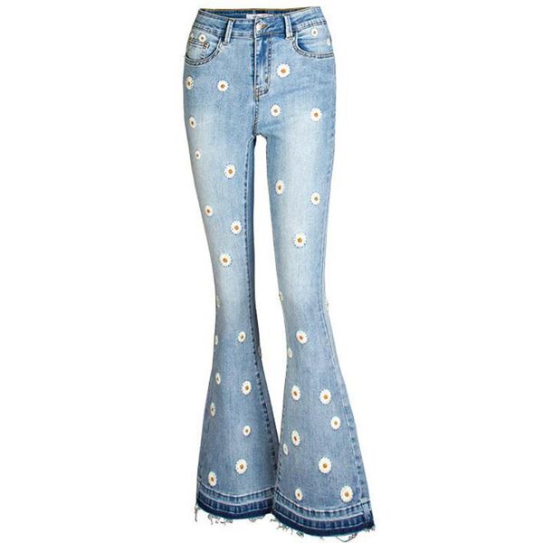 

women's jeans long floral flare women high waist zipper skinny pencil pants casual ladies print denim trouser bell-bottom, Blue
