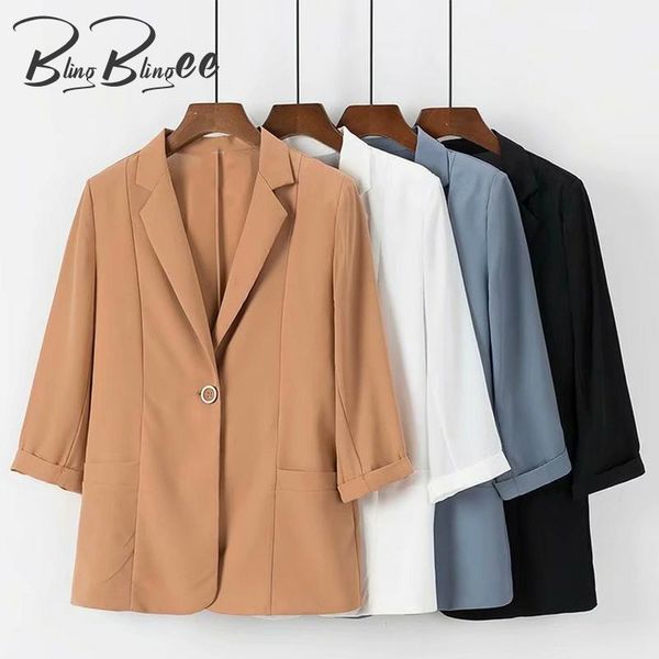 

women's suits & blazers blingblingee thin style summer three quarter roll sleeves single button women straight office lady casual suit, White;black