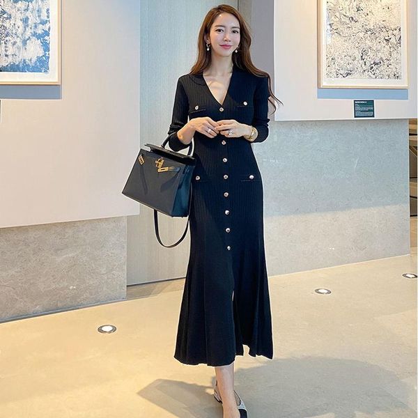 

casual dresses autumn korean style elegant slim black patchwork single-breasted winter knitted sweater dress women party clothes, Black;gray