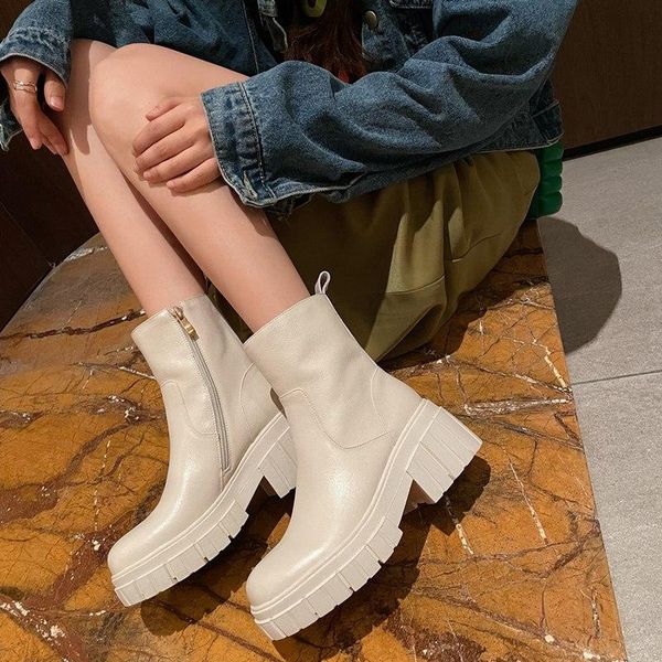 

boots morazora 2022 autumn winter ankle genuine leather women shoes zipper square high heels ladies fashion, Black