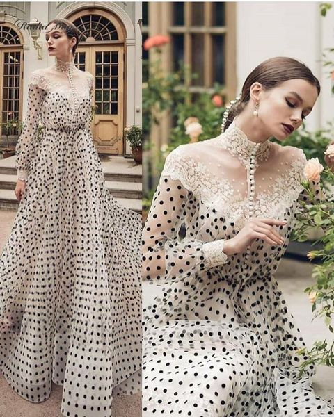 

party dresses vintage lace black and white polka dots evening dress long sleeves high neck arabic kaftan dubai prom 2021 formal gowns, White;black