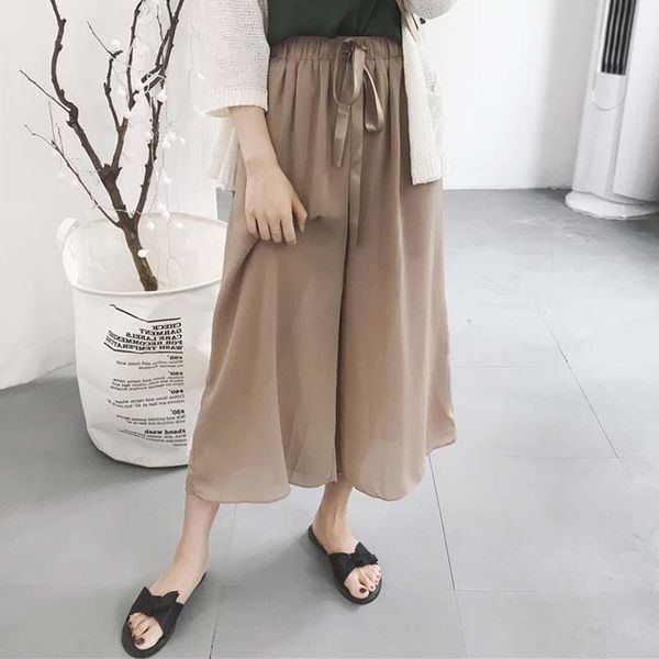 

women's pants & capris korean fashion lady wide leg chiffon elastic high waist elegant loose trousers women summer drawstring bow boho, Black;white