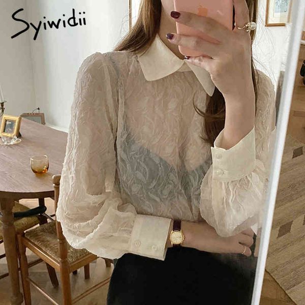 

syiwidii see-through blouses long sleeve women fall chiffon turn-down collar casual print shirts fashion spring summer 210417, White