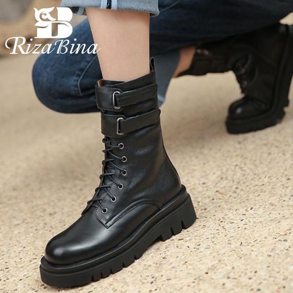 

boots rizabina real leather women shoes ankle platform winter warm lace up outdoor cool ins fashion ladies footwear size 34-39, Black