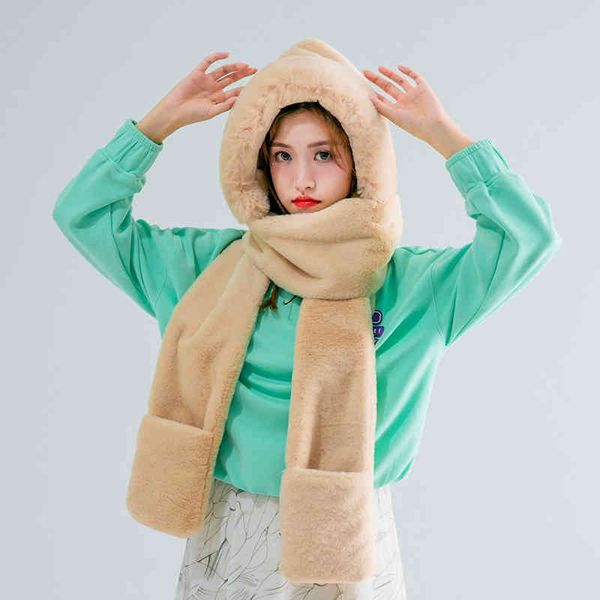 Avvolgere la testa da donna per tenere al caldo il vestito Sciarpa invernale, set di guanti Pelliccia sintetica Coniglio morbido Cappello carino con sventola per le orecchie per ragazze