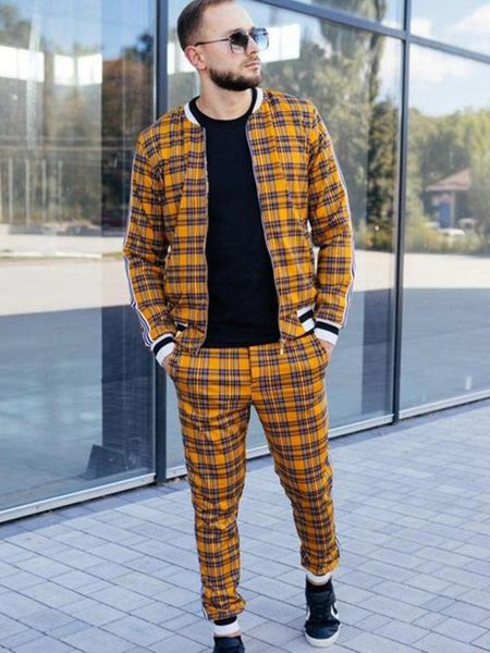 

men's tracksuits autumn plaid print jacket+patchwork trousers fashion breathable streetwear, Gray