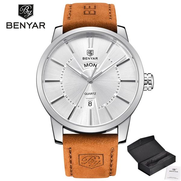 

wristwatches benyar men's watch military waterproof leather quartz chronograph calendar sports relogio masculino, Slivery;brown