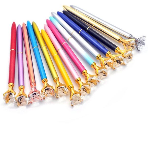 2021 Grande Carat Diamante Crystal Pen Gem Ballpoint Caneta Anel de Casamento Escritório Metal Anel Roller Ball Caneta Moda Escola Escola Suprimentos