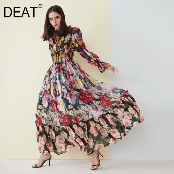 

[deat] summer fashion round neck high waist ankle-length long sleeve printing loose elegant dress women 13c967 210527, Black;gray