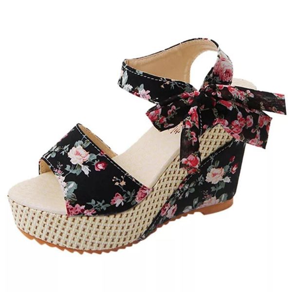 

sandals female 2021 summer fashion oblique heel fish mouth high non-slip wear-resistant lace waterproof thick bottom, Black