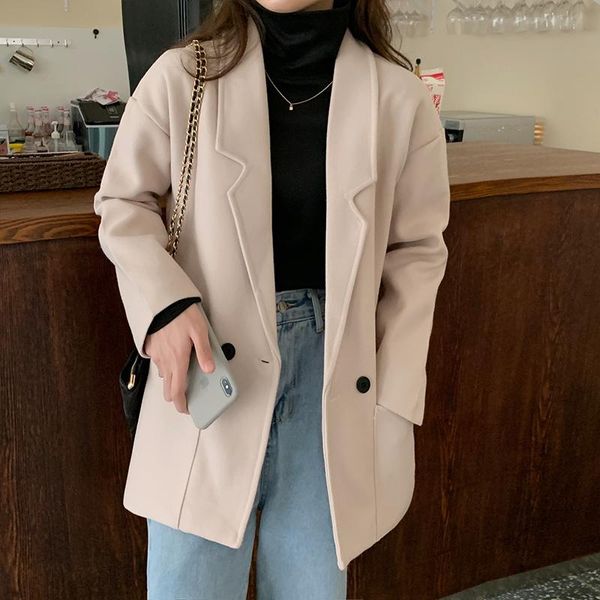 

women's suits & blazers black woolen women autumn winter thick warm suit jacket female korean loose lapel fashion coat, White;black
