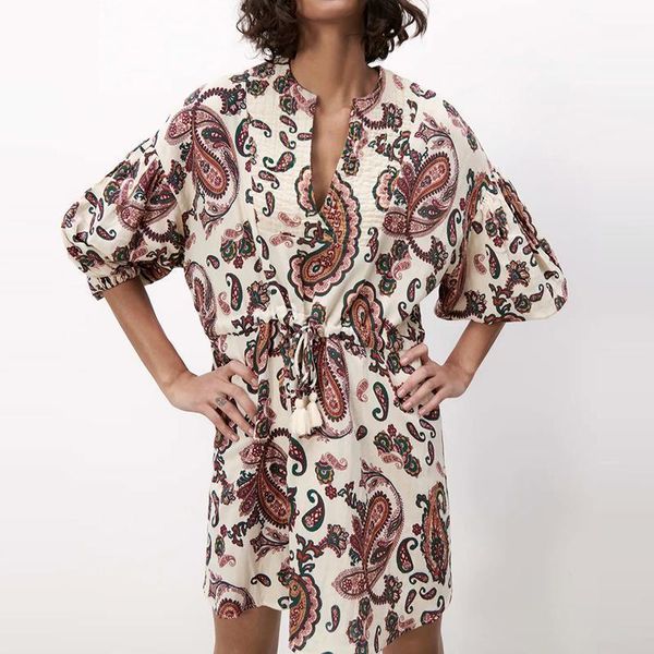 

summer women chic print mini dress v neck three quarter sleeve ladies short vestidos ozz9973 casual dresses, Black;gray