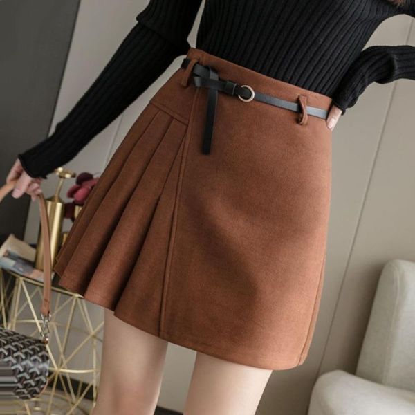 

skirts thick woolen women 2021 autumn and winter high-waist pleated fashionable a-line skirt material short, Black