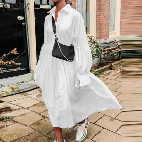 

fashion women white long shirt dress zanzea casual lapel neck puff sleeve sundress autumn ruffles solid party vestidos dresses, Black;gray