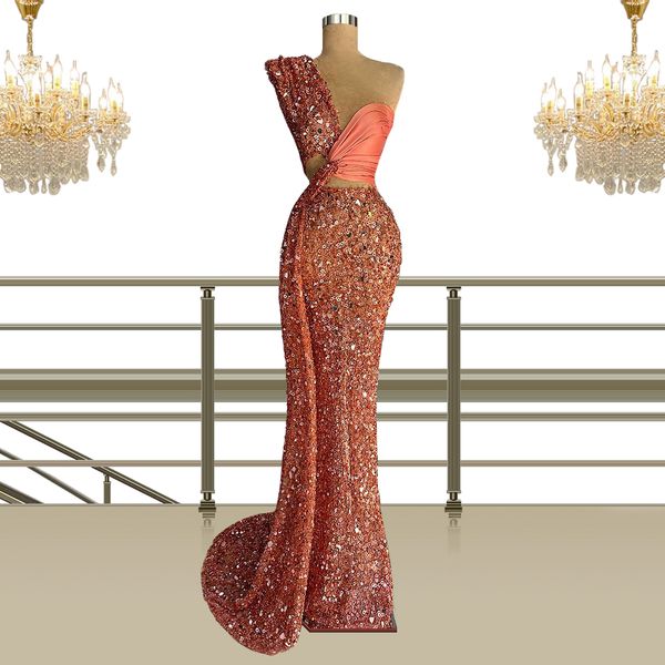 

luxurious sparking orange prom dresses one shoulder sequins sheath evening dress custom made floor length sleeveless celebrity party gown, Black;red