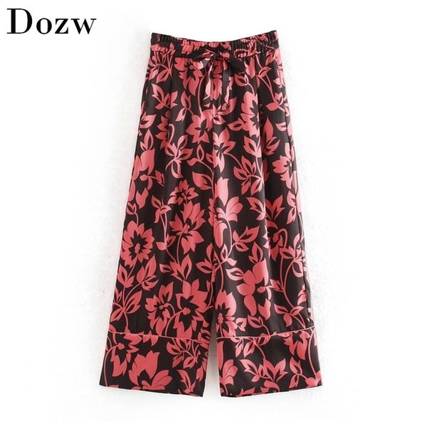 

floral print wide leg pants women fashion elastic waist bow tie loose trousers lady long length casual bottoms pantalon femme 210515, Black;white