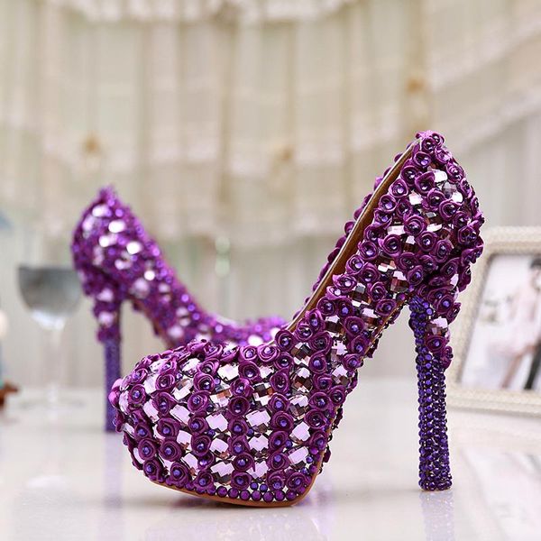 

gorgeous purple 5 inches wedding bouquet prom shoes crystal platform heels pumps women party dress, Black