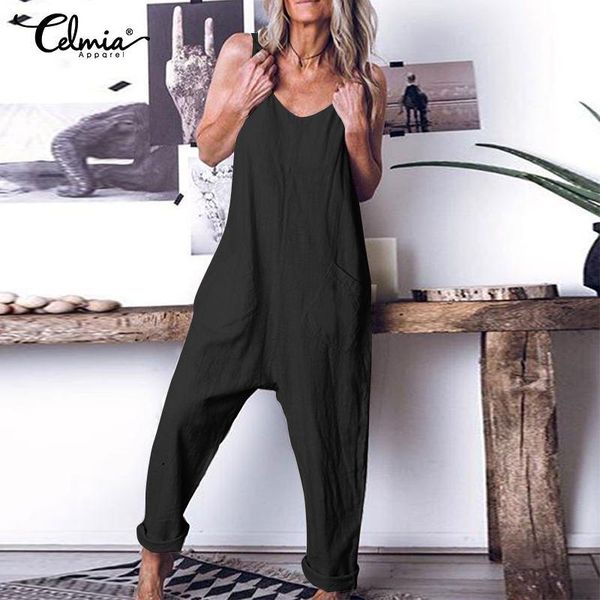 

women's jumpsuits & rompers celmia women summer drop-crotch 2021 fashion sleeveless v-neck playsuits plus size overalls casual solid pa, Black;white