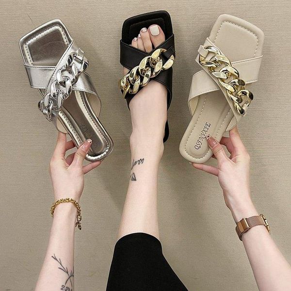 

slippers personalized chain net red sandals and women 2021 summer wild flat-bottomed cross beach, Black