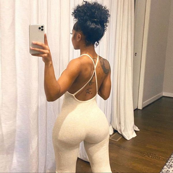 

ook knitted jumpsuit 2021 women summer bodysuit v-neck rompers female solid casual streetwear outfit fitness backless, Black;white