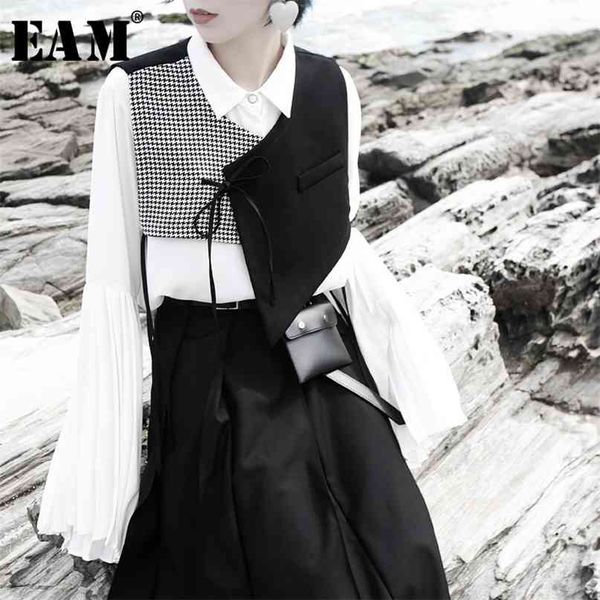 

[eam] women black plaid split asymmetrical loose fit vest v-collar sleeveless fashion spring autumn 1h073 210915, Black;white